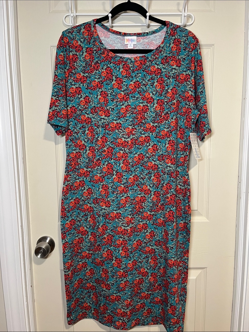 LuLaRoe Teal & Red Floral Scoop Neck Midi Dress